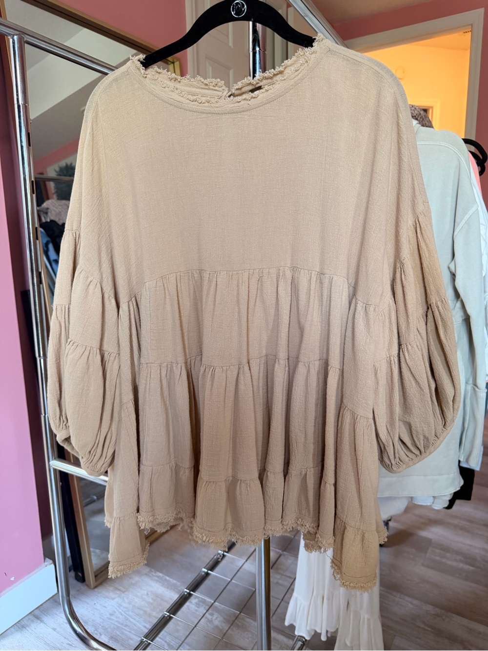 Free People Beige Tiered Puff-Sleeve Tunic